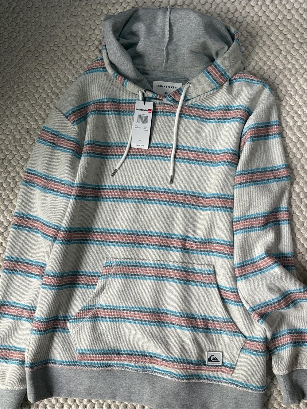 Quiksilver Men’s Light Gray Hooded Sweatshirt with Blue and Pink Stripes